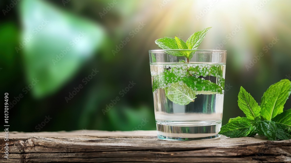 Poster a glass of water with mint leaves floating on top, set on a rustic table, creating a refreshing and 