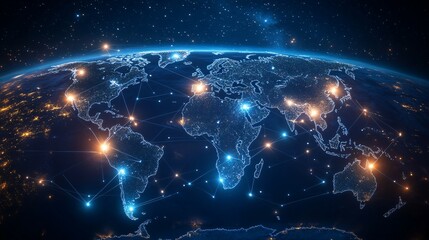 Earth with glowing city lights and connected network lines