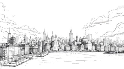 A Detailed Line Art Illustration of a New York City Skyline