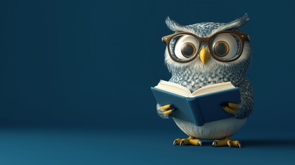 Cartoon owl with glasses intently reading a blue book against a solid teal background.