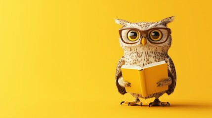 Adorable owl wearing glasses reading a book against a bright yellow background, conveying intelligence and curiosity.