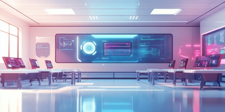 Futuristic empty classroom with holographic blackboards and virtual reality learning experience