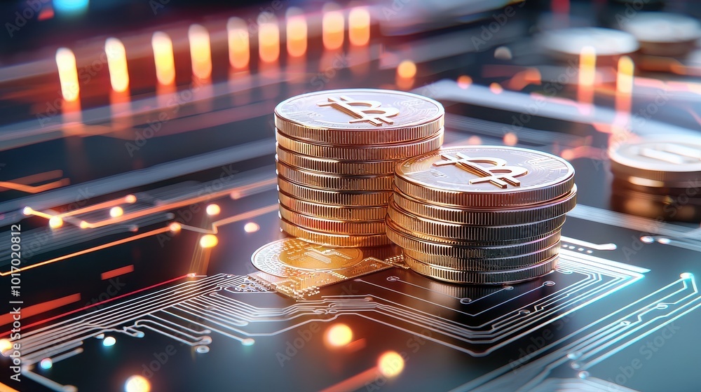 Poster a high-resolution digital background with stacked cryptocurrency coins, surrounded by circuit-like p