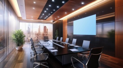 A modern conference room with a long glass table, sleek chairs, and a large digital screen. The room features minimalist decor and advanced technology for seamless meetings