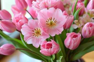 Obraz premium Pink tulips set against a white backdrop
