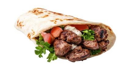 delicious photo of turkish doner kebab with mouthwatering meat and vegetables, transparent png