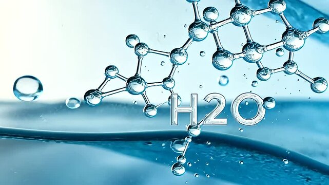 "H2O" with a blue water splash in the background, representing the chemical formula for water. Perfect for visuals in chemistry, science, and clean substance elements, highlighting