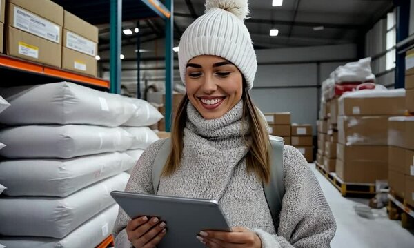 A young woman in winter attire smiles while holding a tablet, surrounded by boxes and supplies in a busy warehouse, showcasing her work in inventory management