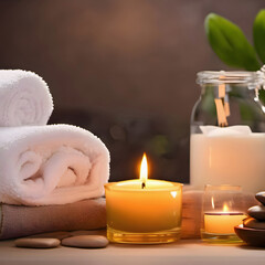 Relaxing and attractive spa atmosphere, candles, stones, massage oil, clean towels and flowers