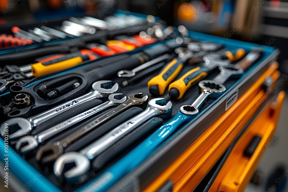 Poster organized tool set displaying a variety of hand tools in a workshop