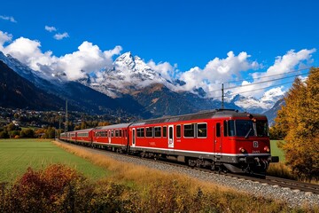 Obraz premium Realistic scene of a rural train passing through fields and mountains, representing the connection between rural and urban areas through rail transportation