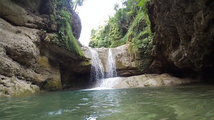 Naklejka premium Serene waterfall cascading into a tranquil pool surrounded by lush greenery in nature’s embrace