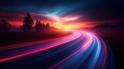 Night Highway before sunset. Long exposure. Car lights in lines.