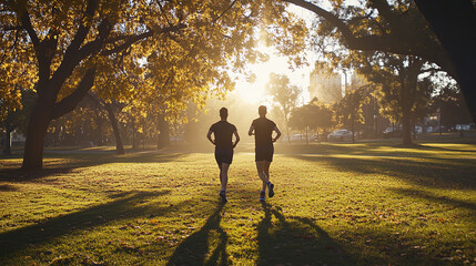 Fototapeta premium Runners enjoying a sunny morning run in the park, surrounded by nature, capturing the essence of outdoor fitness and an active lifestyle.