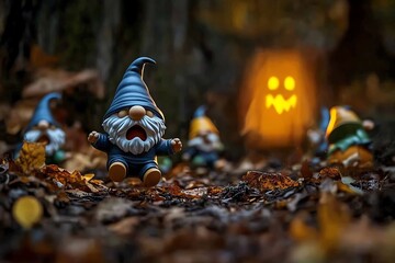 Realistic scene of gnomes running in fear from a ghostly figure in a haunted forest on Halloween night, symbolizing the scary and thrilling side of a gnome Halloween
