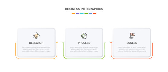 3 clean infographic design shaped elements template, symbolizing the three stages of business strategy and progression. Progress bar or timeline. Vector for presentation, web site or app.