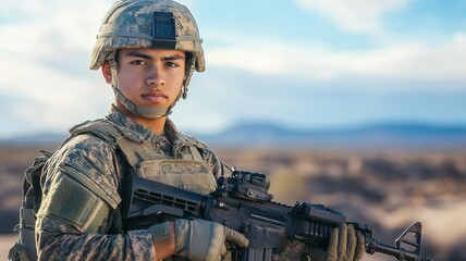 A young male soldier holding a rifle in desert combat gear, standing alert in a vast desert landscape during military operations.