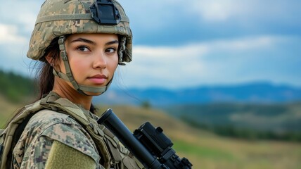 Fototapeta premium A female soldier in full combat gear with a rifle stands in a scenic outdoor landscape, showcasing strength and readiness.