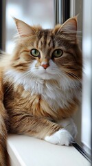 A fluffy cat rests peacefully by the window, soaking in the warm afternoon sunlight