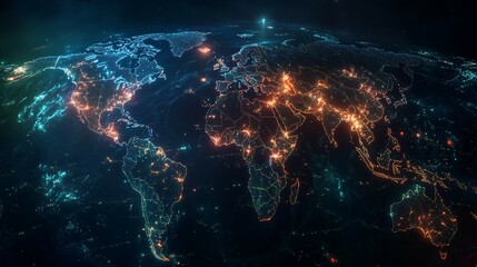 Obraz premium Earth at Night with City Lights Illuminated by a Digital Network