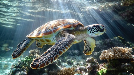 Fototapeta premium A graceful sea turtle swims in crystal-clear ocean waters, illuminated by sunrays filtering through the surface, surrounded by vibrant coral reefs.