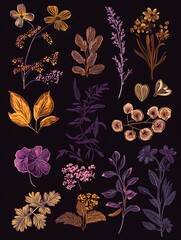 A collection of botanical illustrations with leaves and flowers in shades of purple and yellow, on a black background.