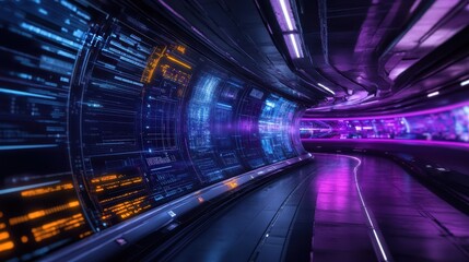 A futuristic tunnel with neon lights and a blue screen with a white number 1