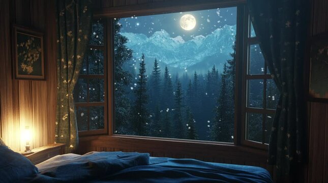 A cozy cabin room window showcasing a light forest and a breathtaking starry sky landscape, creating a magical and tranquil nighttim Seamless looping 4k time-lapse virtual video animation Generated AI