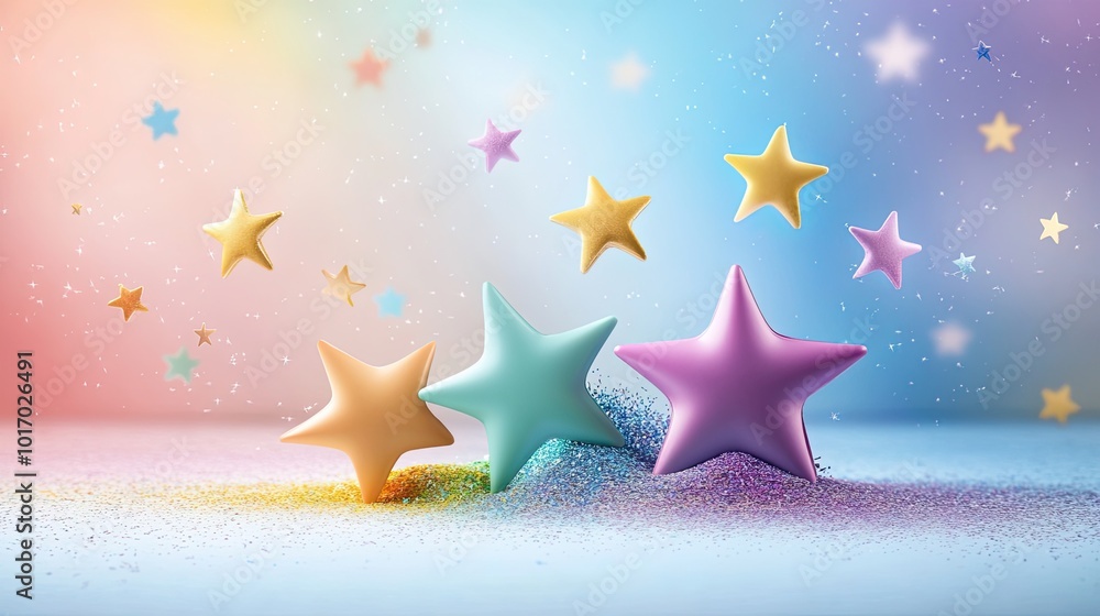 Poster a rainbow star pattern background with multicolored stars scattered across the frame, creating a whi