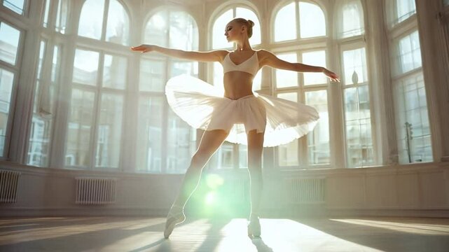Pretty ballerina in white tutu dress dancing in empty ballet studio whirling and twirling performing pirouettes with sunlight shining trough window. Elegant 4k video
