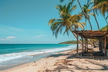 Serene Beachfront with Palm Trees and Rustic Shelter Under a Clear Blue Sky