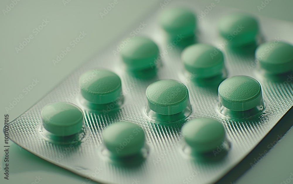 Poster green tablets arranged neatly on a blister pack showing their circular shape and texture under soft 