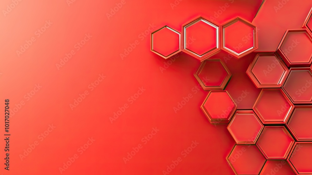 Poster a red geometric background with hexagonal shapes and gradients, providing a modern and bold look for