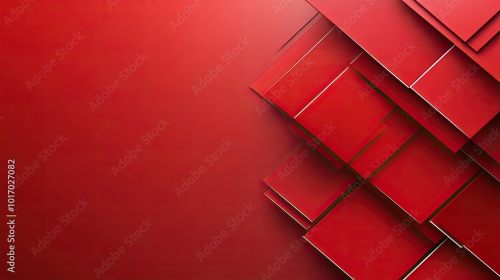 Poster a red geometric background featuring overlapping squares and triangles, with varying shades of red c