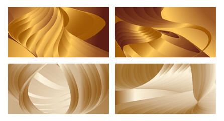 Wavy golden parallel gradient lines, ribbons, silk. Golden with shades of yellow background, banner, poster. Set of 4 backgrounds. Eps vector