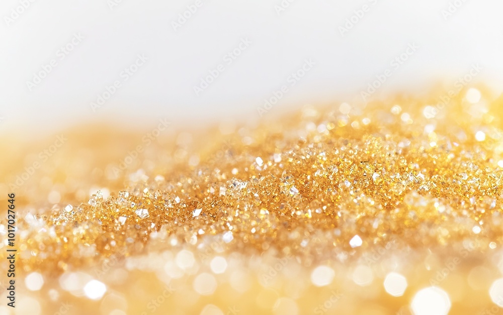 Poster close-up view of sparkling golden glitter scattered on a white surface, reflecting light and creatin