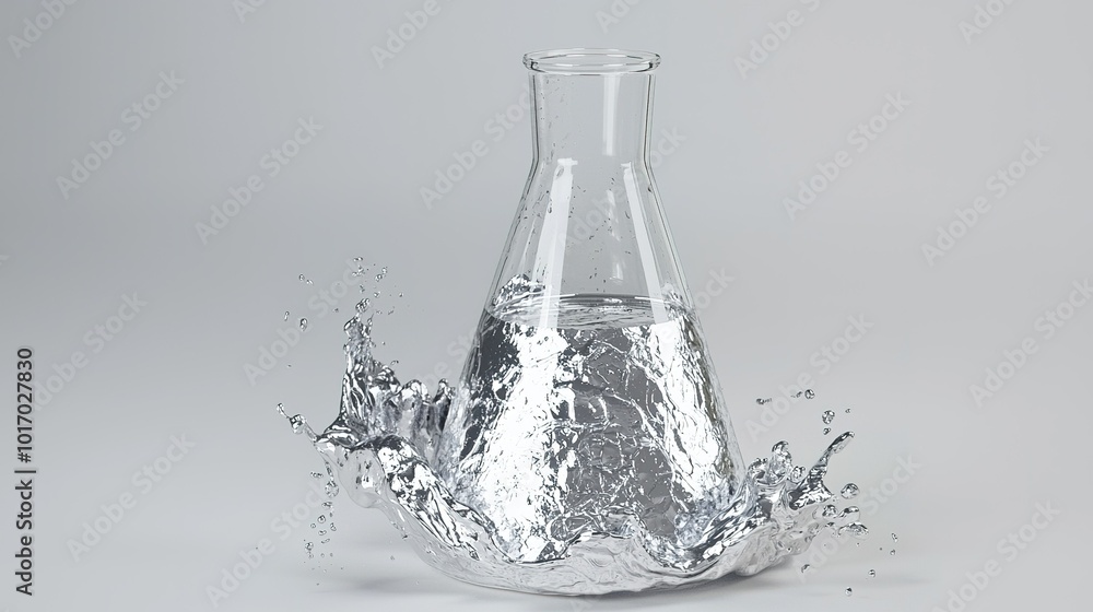 Poster clear glass flask filled with water splashing on a gray background during a scientific experiment in