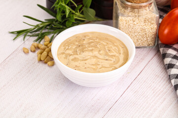 Delicious walnut creamy sauce in the bowl