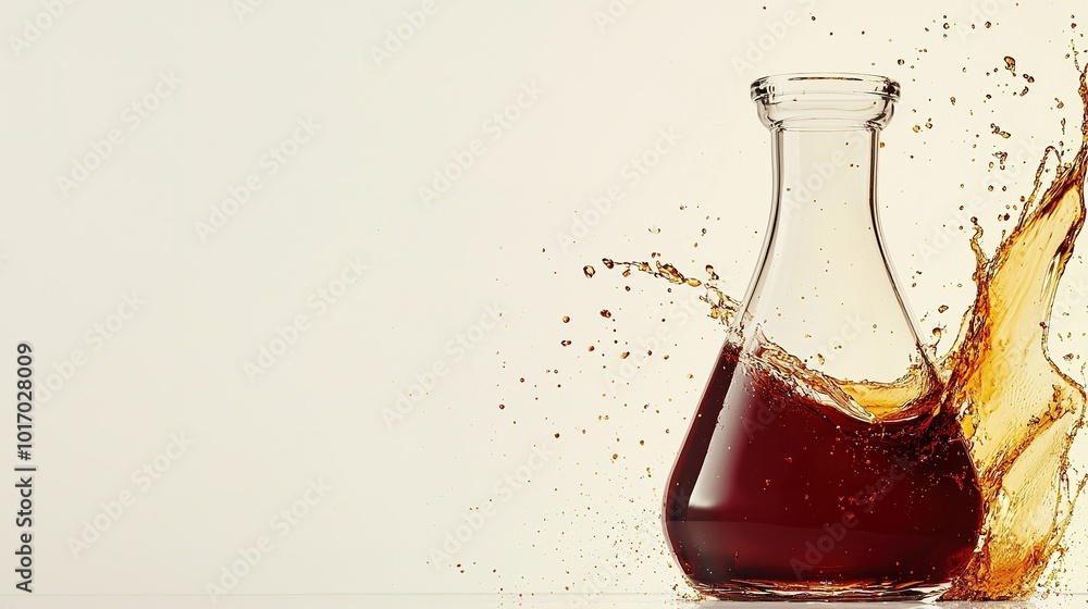 Poster a dynamic splash from a glass flask filled with dark liquid on a neutral background during an experi