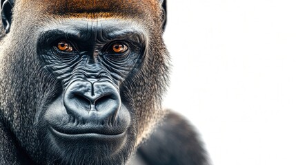 Obraz premium A close-up of a gorilla face, showing its intense expression and deep-set eyes, isolated on a white background.