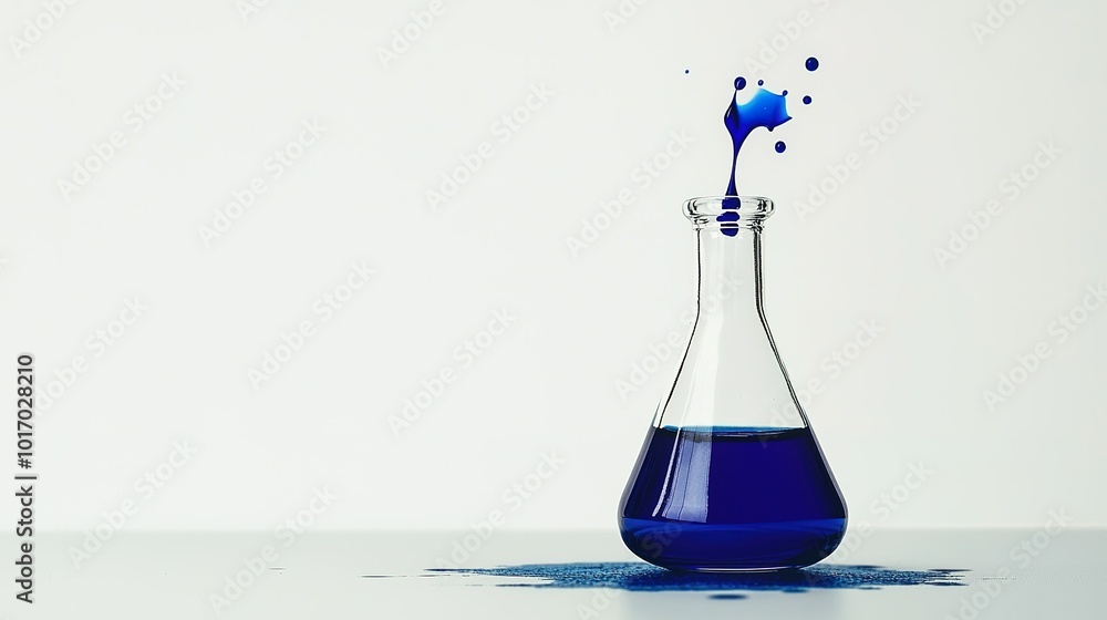 Poster a blue liquid splashes from a laboratory flask on a minimalistic background during a scientific expe