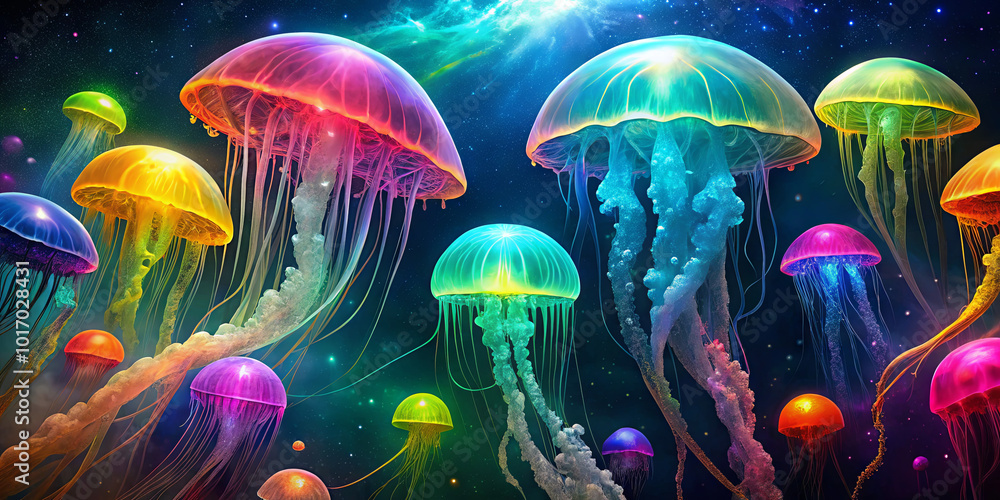 Poster a mesmerizing display of colorful jellyfish floats through a radiant underwater world, illuminated b