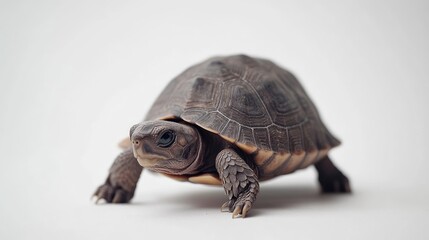 Obraz premium A close-up of a turtle walking slowly, its shell and small feet detailed against a stark white background.