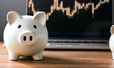 A piggy bank sits beside a laptop displaying stock market trends, emphasizing smart saving strategies and investment opportunities in personal finance