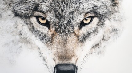 Fototapeta premium A close-up of a wolf face with intense eyes, its fur detailed and prominent against a stark white background.