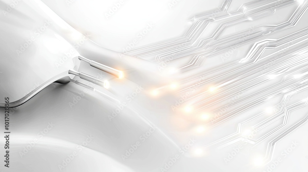 Poster abstract white technology background with fine lines and glowing points, representing futuristic com
