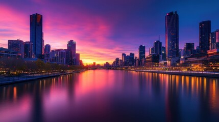Obraz premium A city skyline with a river running through it