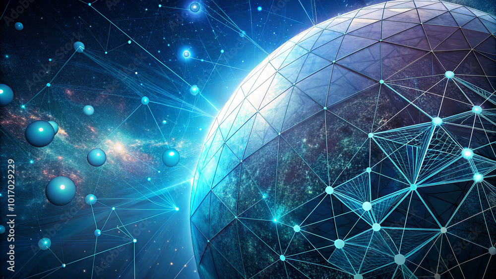 Poster an intricate visual depicts a planet surrounded by vibrant networks of light and energy, emphasizing