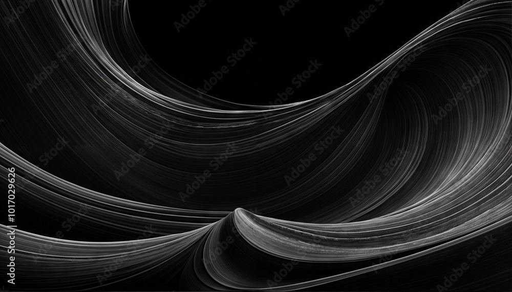 Poster the composition features dynamic black and white curves that flow harmoniously, creating a sense of 
