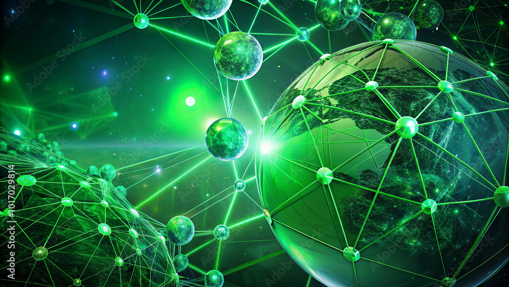 Poster a dynamic view of earth surrounded by green molecular spheres, illustrating the interconnectedness o